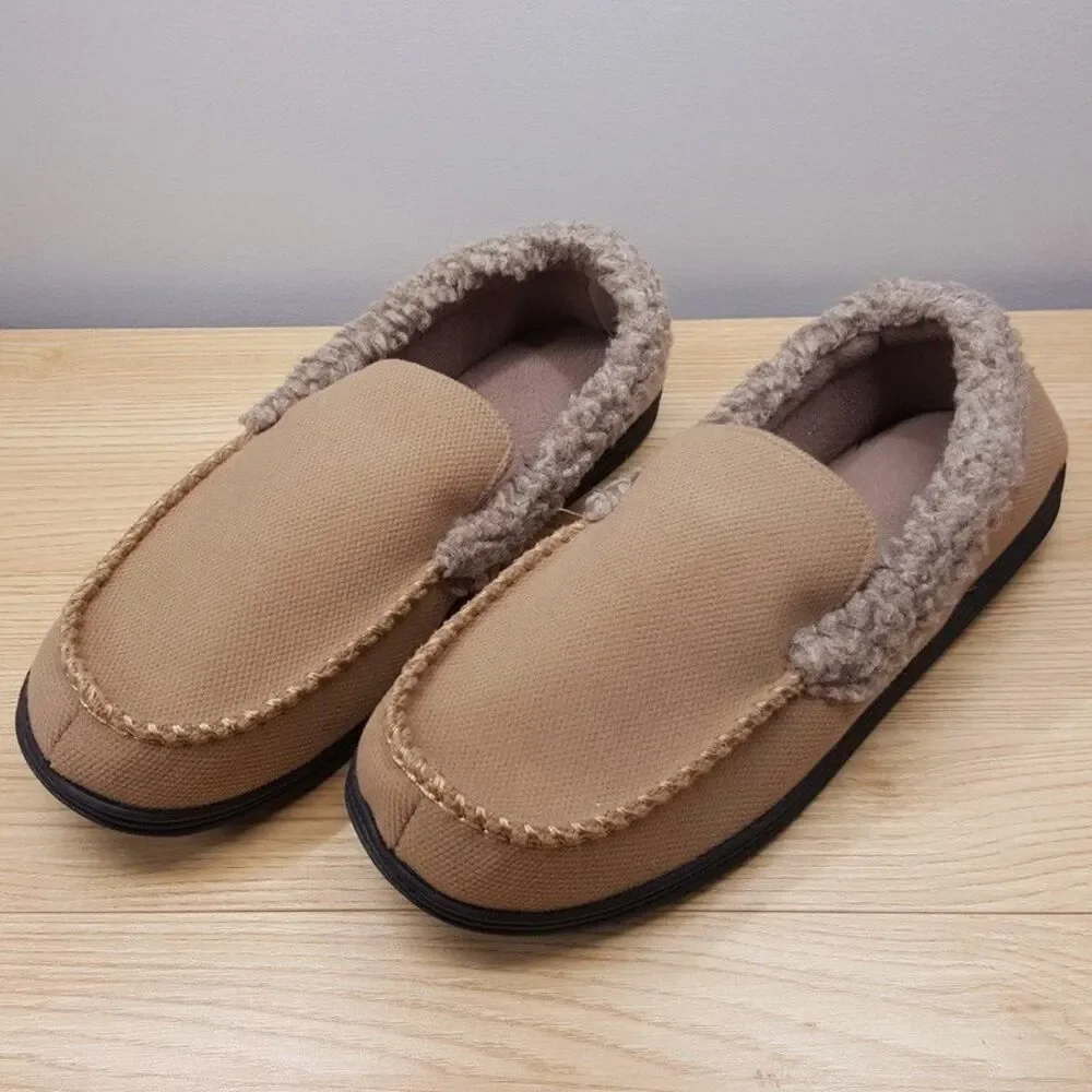 ISOTONER Slippers Mens Size 9.5 10.5 Tan Slip On Plush Lined Gel Memory Foam